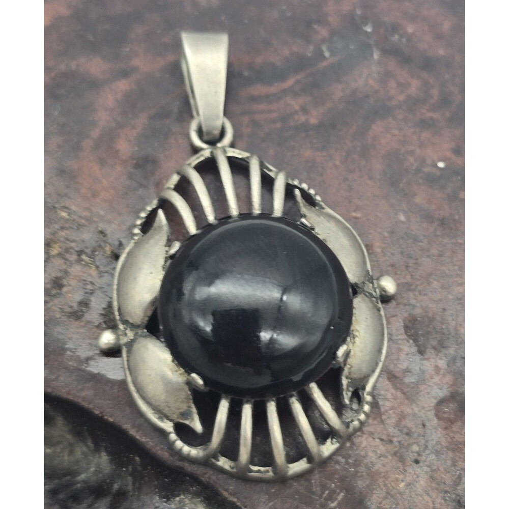 Vintage Norwegian 830 Sterling Silver Pendant, Black Onyx Stone Pendant
